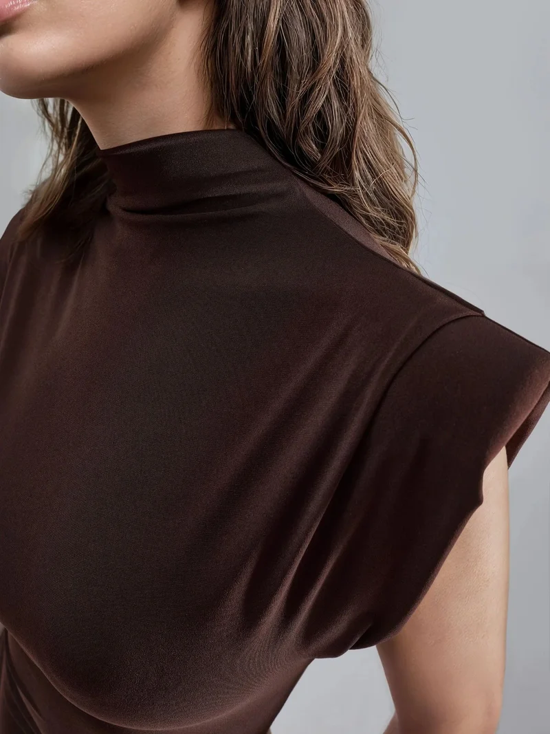 Busem Coffee Brown BUSEM Padded Slit Detailed Midi Dress for Women | Best Price UAE